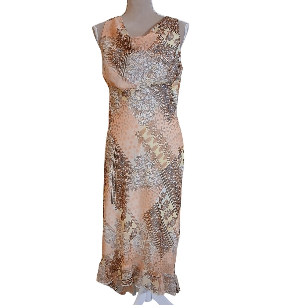 Vtg B. Smart sz 10 Peach Paisley Patchwork Cowl Neck Midi Dress Empire Waist